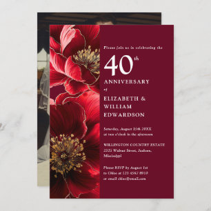 Elegant Ruby Red Floral 40th Anniversary Photo Invitation