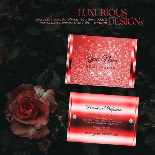 Elegant Ruby Red Glitter Luminous Stars Diamonds Business Card