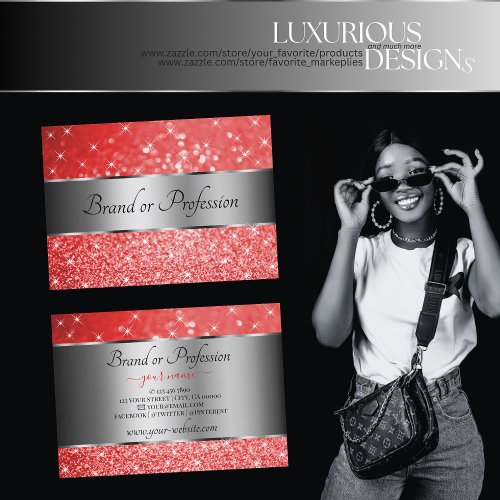 Elegant Ruby Red Glitter Silver Luminous Stars Business Card