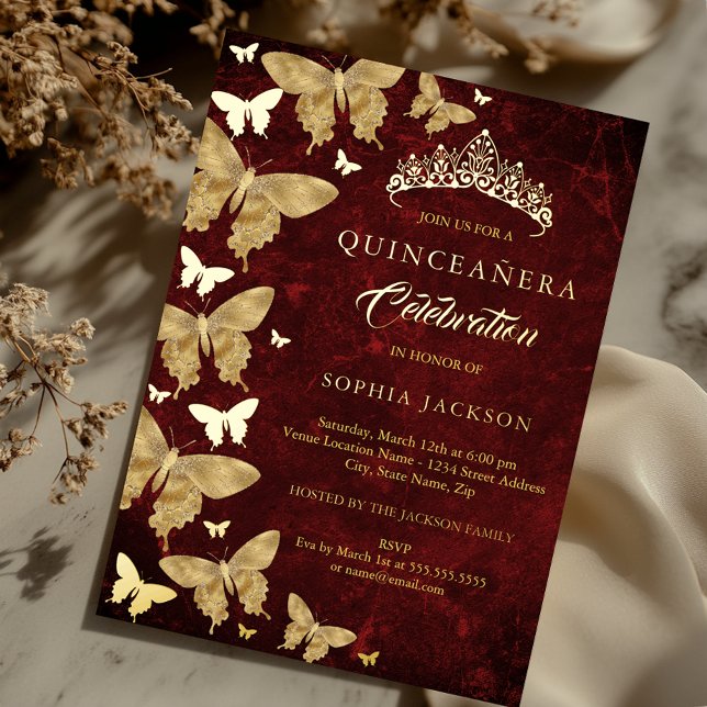Elegant Ruby Red Gold Butterfly Quinceanera Foil Invitation (Creator Uploaded)