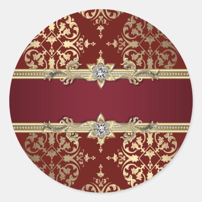 Elegant Ruby Red Gold Damask Stickers (Front)