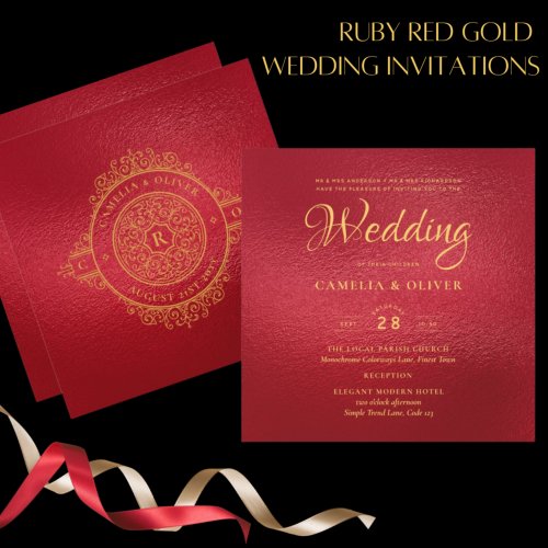 Elegant Ruby Red Gold Ornate Vintage WEDDING Invitation