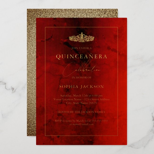 Elegant Ruby Red Gold Quinceanera 15th  Foil Invitation (Front/Back)