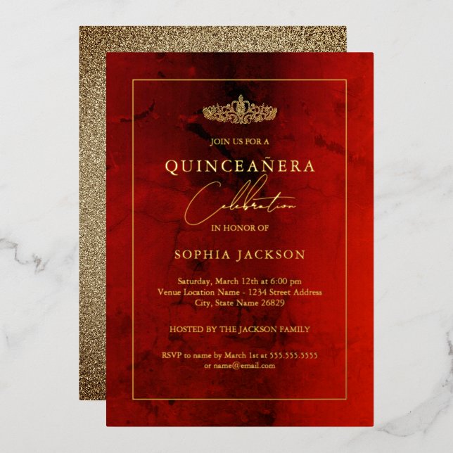 Elegant Ruby Red Gold Quinceanera 15th  Foil Invitation (Front/Back)
