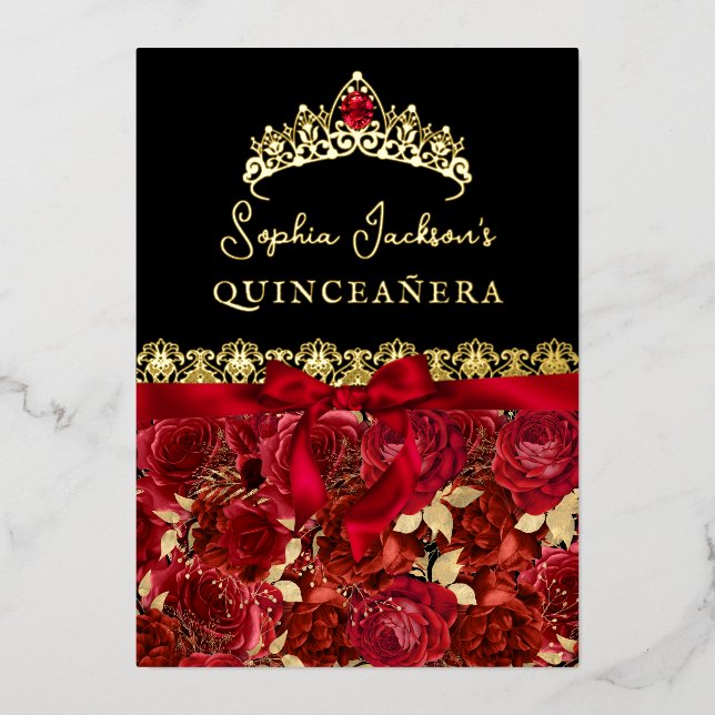 Elegant Ruby Red Gold Rose Quinceanera Foil Invitation (Front)