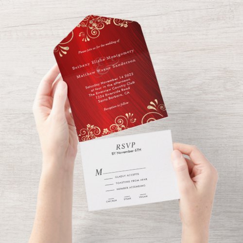 Elegant Ruby Red Gold Swirl Wedding  All In One Invitation