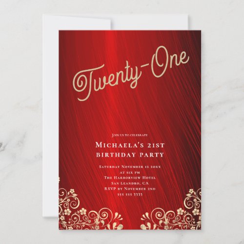 Elegant Ruby Red Gold Swirls 21st Birthday Party Invitation