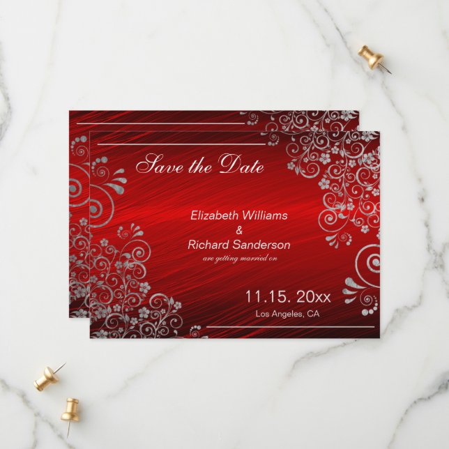 Elegant Ruby Red Gray Save the Date  Wedding (Front/Back In Situ)