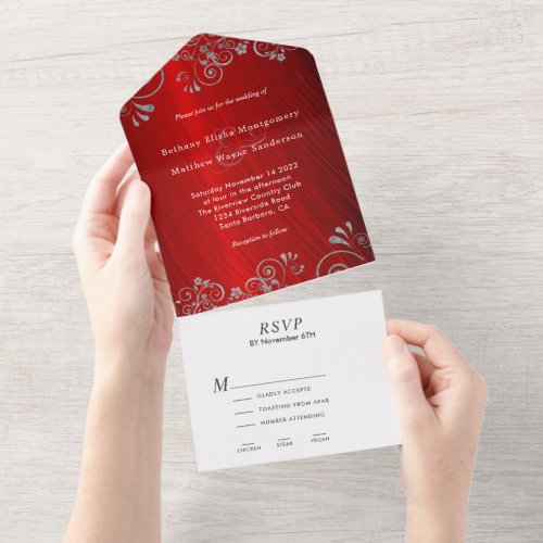 Elegant Ruby Red Gray Swirl Wedding  All In One Invitation