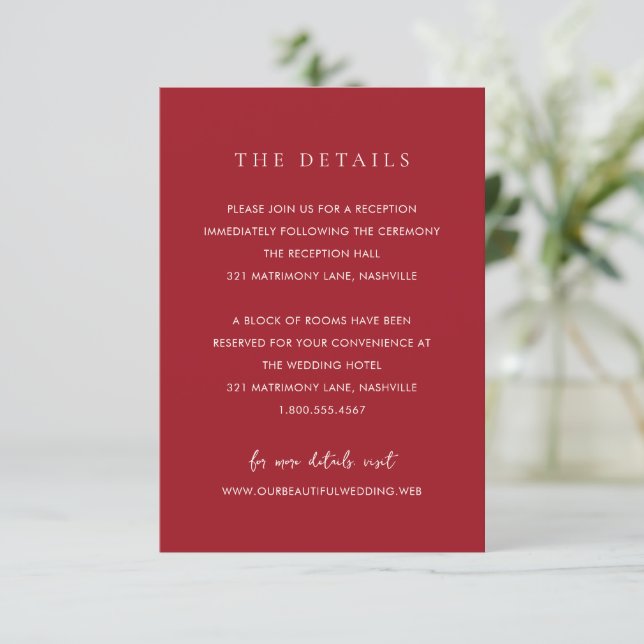 Elegant Ruby Red Modern Wedding Enclosure Card (Standing Front)