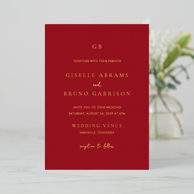 Elegant Ruby Red Modern Wedding Foil Invitation (Standing Front)
