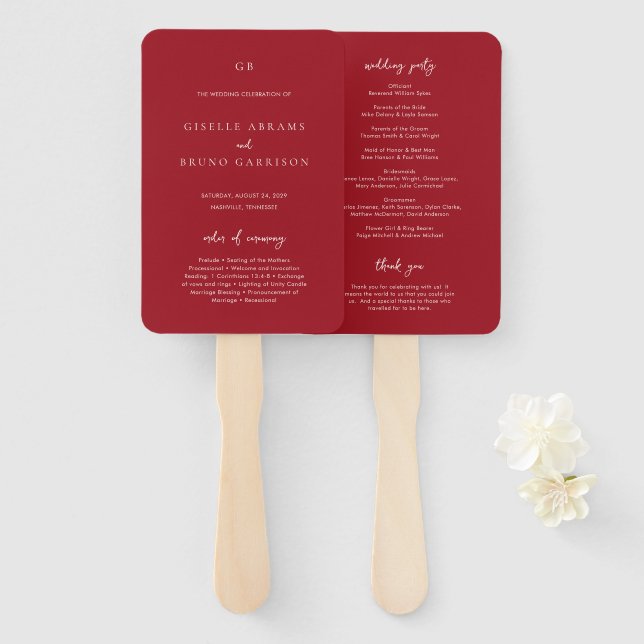 Elegant Ruby Red Modern Wedding Program Hand Fan (Front and Back)