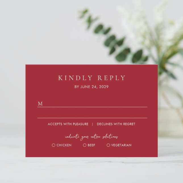 Elegant Ruby Red Modern Wedding RSVP Card (Standing Front)