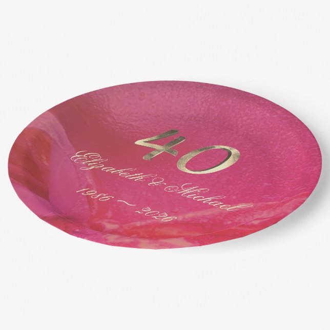 Elegant Ruby Red Pink Gold 40th Anniversary Paper Plates (Angled)