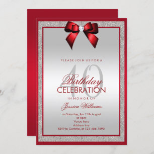 Elegant Ruby Red Silver Glitter 40th Birthday Invitation