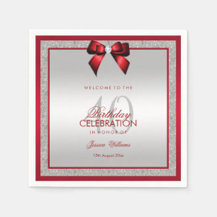 Elegant Ruby Red & Silver Glitter 40th Birthday Napkins