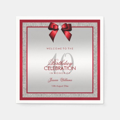 Elegant Ruby Red  Silver Glitter 40th Birthday Napkins