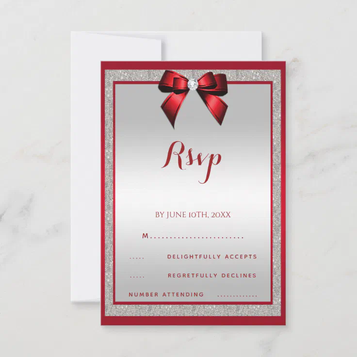 Elegant Ruby Red & Silver Glitter Birthday RSVP Card | Zazzle