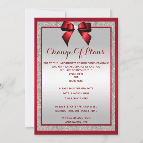 Elegant Ruby Red  Silver Glitter Change of plan Save The Date