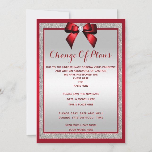 Elegant Ruby Red & Silver Glitter Change of plan Save The Date (Front)