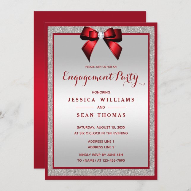 Elegant Ruby Red & Silver Glitter Engagement Party Invitation (Front/Back)