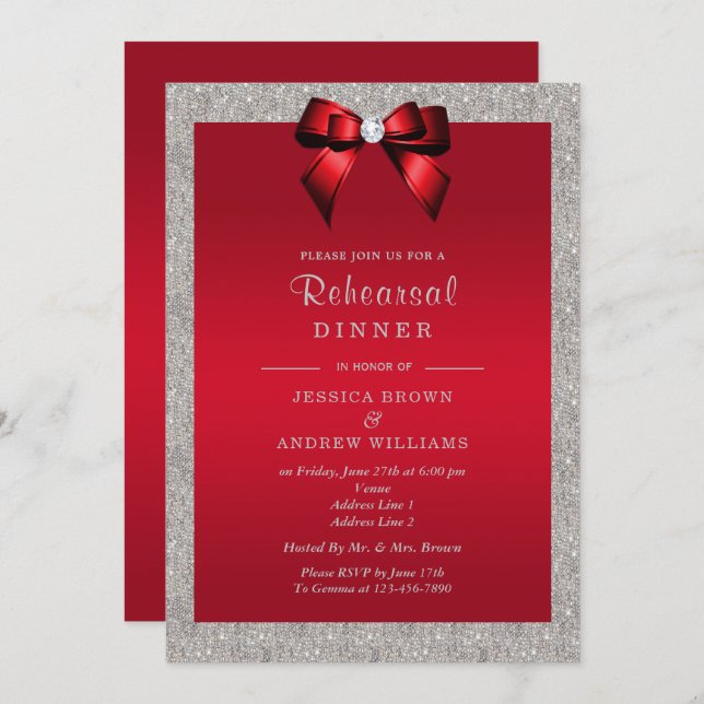 Elegant Ruby Red, Silver Glitter Rehearsal Dinner Invitation (Front/Back)