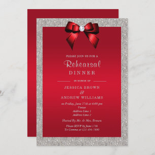 Elegant Ruby Red, Silver Glitter Rehearsal Dinner Invitation