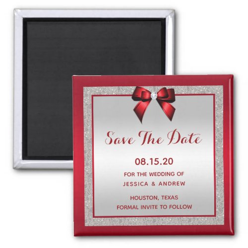Elegant Ruby Red  Silver Glitter Save The Date Magnet