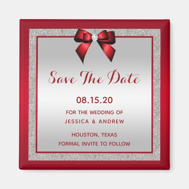 Elegant Ruby Red & Silver Glitter Save The Date Magnet (Front)