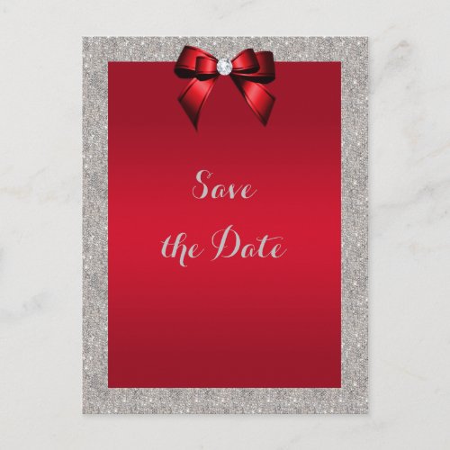 Elegant Ruby Red Silver Glitter Save The Date Postcard