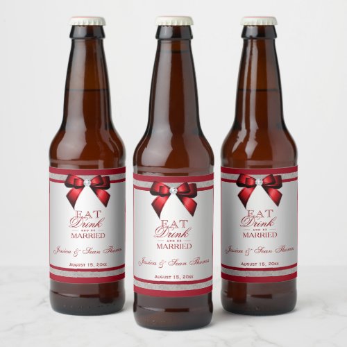 Elegant Ruby Red  Silver Glitter Wedding Beer Bottle Label