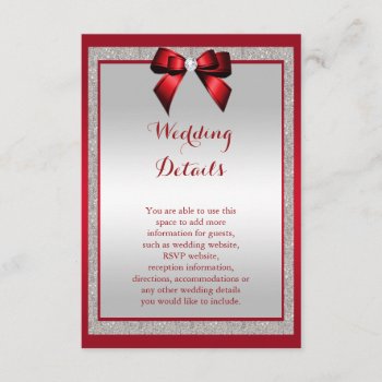 Elegant Ruby Red & Silver Glitter Wedding Details Enclosure Card by Sarah_Designs at Zazzle