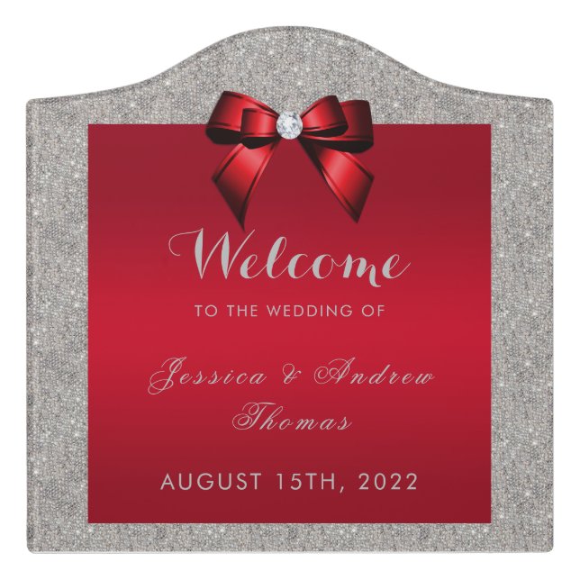 Elegant Ruby Red, Silver Glitter Wedding Door Sign (Large Crest Front)