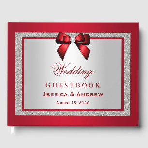 Elegant Ruby Red & Silver Glitter Wedding Guest Book