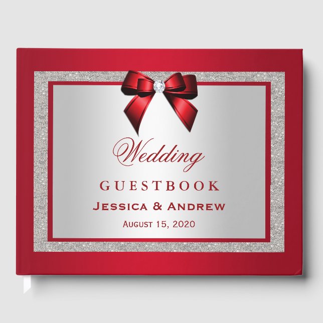 Elegant Ruby Red & Silver Glitter Wedding Guest Book (Front)