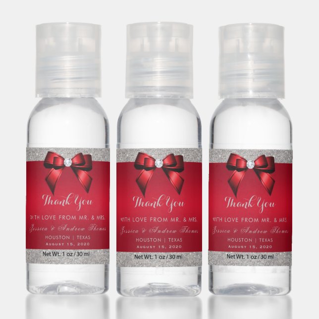 Elegant Ruby Red, Silver Glitter Wedding Hand Sanitizer (Set)