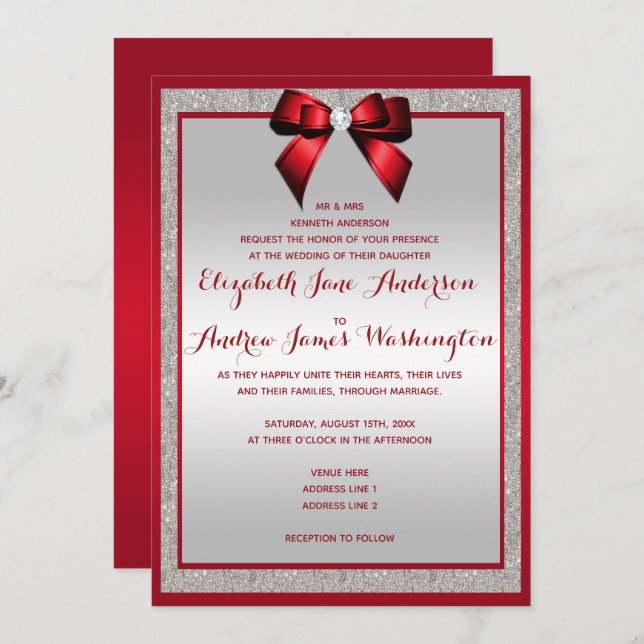 Elegant Ruby Red & Silver Glitter Wedding Invitation (Front/Back)
