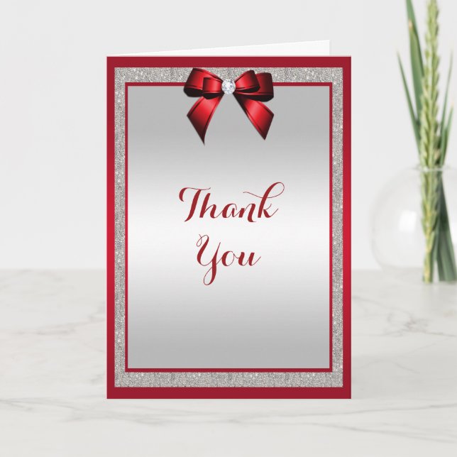 Elegant Ruby Red & Silver Glitter Wedding Letterpress Thank You Card (Front)