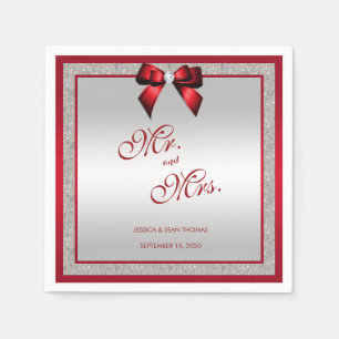 Elegant Ruby Red & Silver Glitter Wedding Napkins
