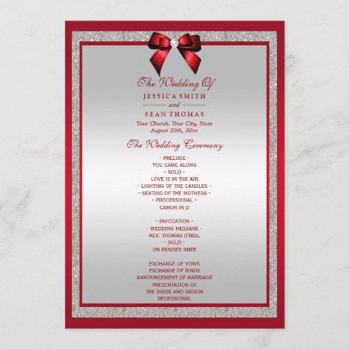 Elegant Ruby Red  Silver Glitter Wedding Program