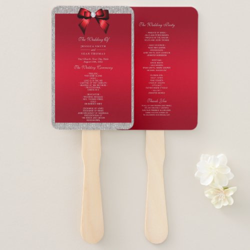 Elegant Ruby Red Silver Glitter Wedding programs Hand Fan