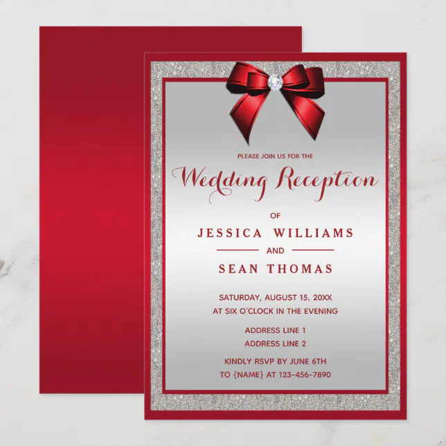 Elegant Ruby Red Silver Glitter Wedding Reception Invitation | Zazzle