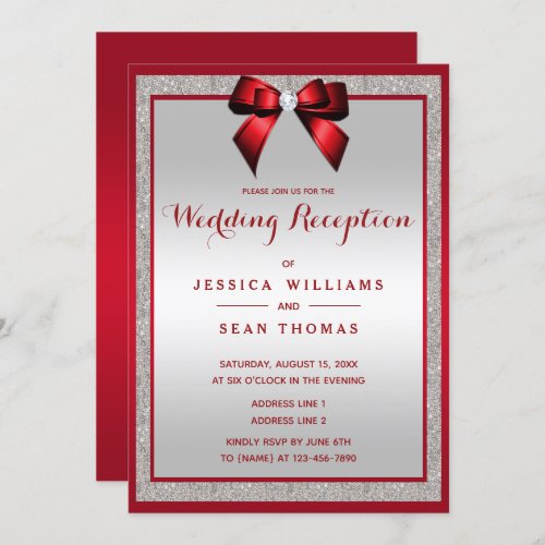 Elegant Ruby Red  Silver Glitter Wedding Reception Invitation