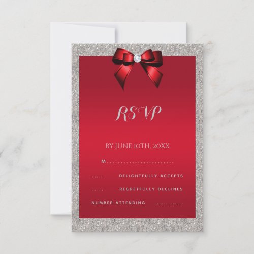 Elegant Ruby Red Silver Glitter Wedding RSVP Card