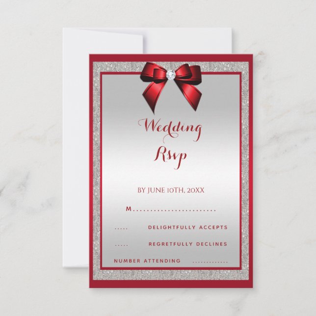 Elegant Ruby Red & Silver Glitter Wedding RSVP Card (Front)