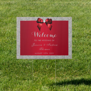 Elegant Ruby Red, Silver Glitter Wedding Sign