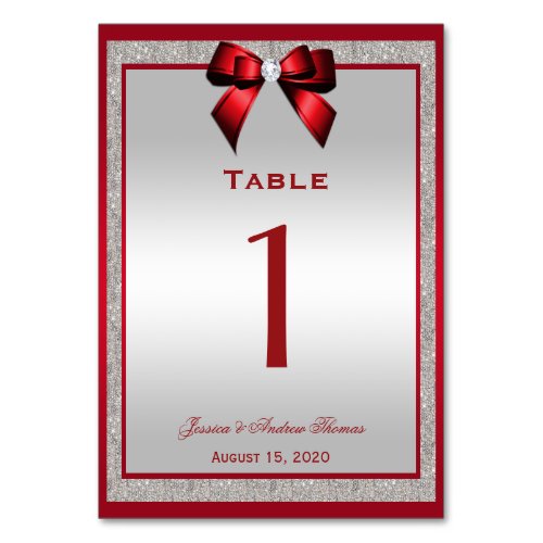 Elegant Ruby Red  Silver Glitter Wedding Table Number