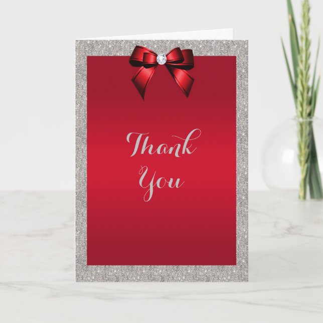 Elegant Ruby Red, Silver Glitter Wedding Thank You Card (Front)