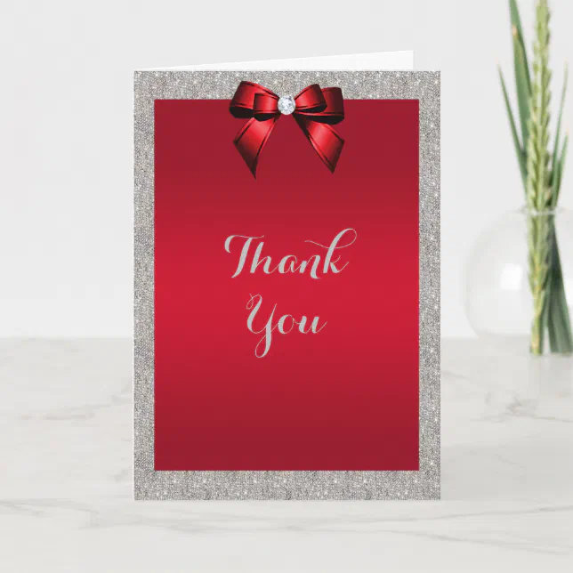 Elegant Ruby Red, Silver Glitter Wedding Thank You Card | Zazzle