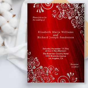 Elegant Ruby Red Silver Gray Swirls Wedding Invitation